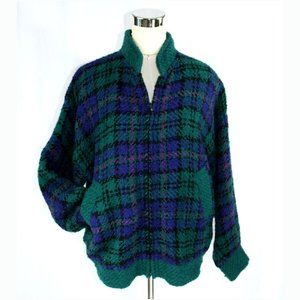 Boyne Valley Plaid Chunky Zip Front Cardigan Sweater Ireland Blue Green - M L